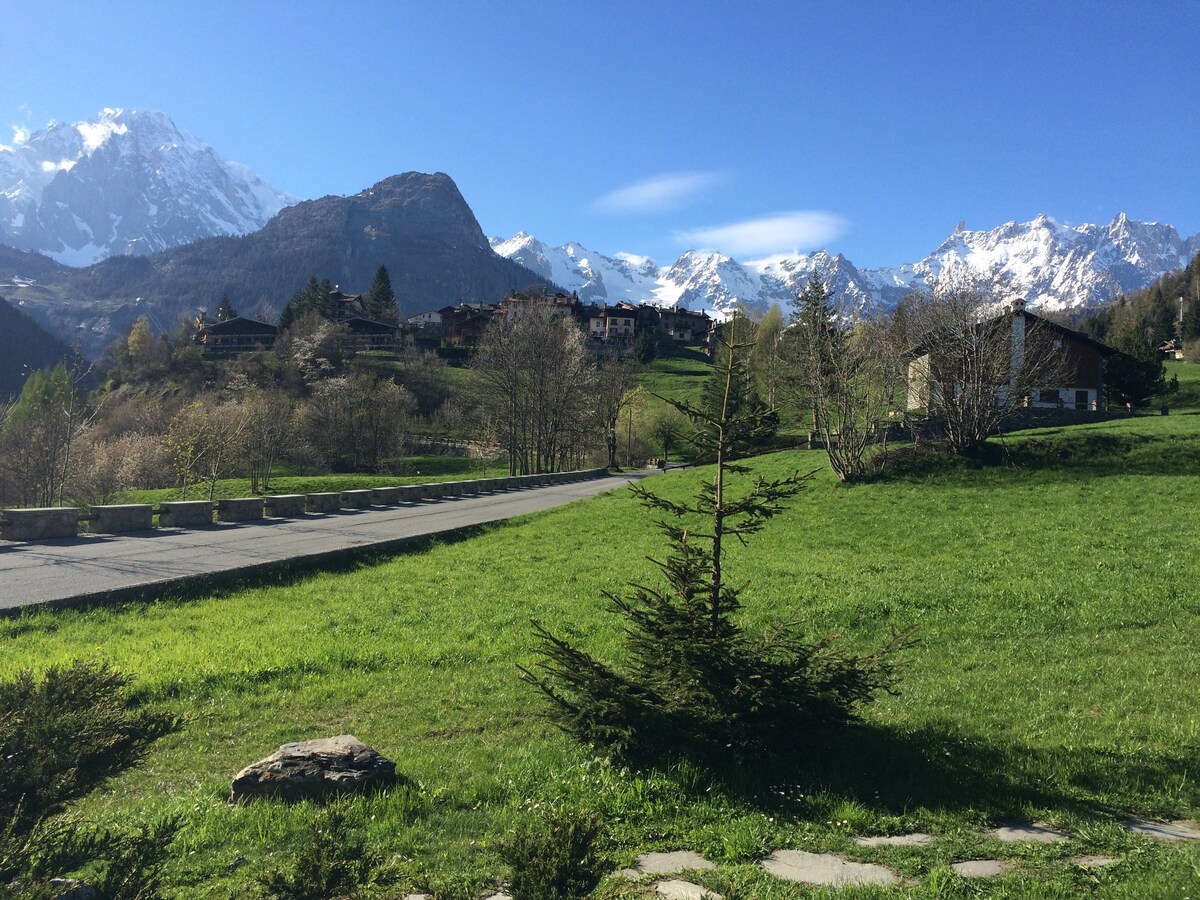 A panoramic view showcases a vast green expanse surrounded by majestic mountains. The road meanders through the scenery, leading towards distant chalets nestled among the trees. Snow-capped peaks contrast with the clear blue sky, creating a serene and natural landscape.