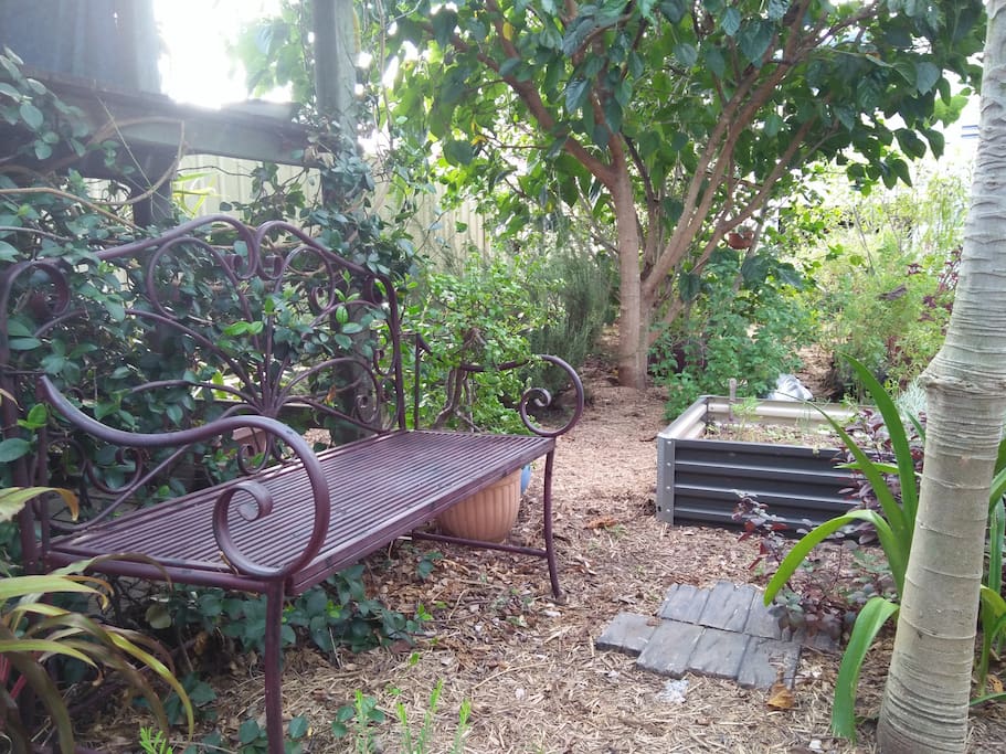 One of the several seating nooks in the garden