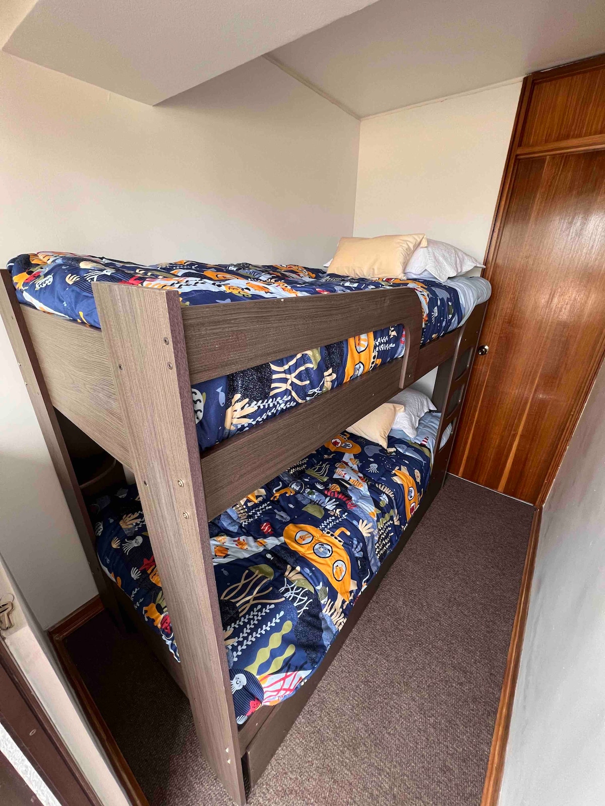 Chumba cha kulala cha 3 kina kitanda cha ghorofa na vitanda 2 vya mtu mmoja kwa watoto hadi umri wa miaka 12 na bafu la kujitegemea lenye bomba la mvua. Kumbuka: Kizuizi cha matumizi hakitumiki kuanzia tarehe 15 Januari, 2025.