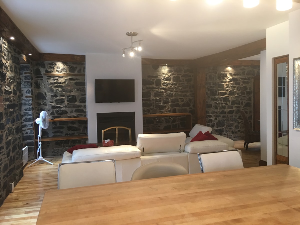 A living area features a combination of stone walls and wooden beams, creating a rustic yet modern ambiance. A flat-screen TV is mounted above a fireplace. A comfortable white sofa with red accent pillows is arranged around a wooden table, enhancing the inviting layout.
