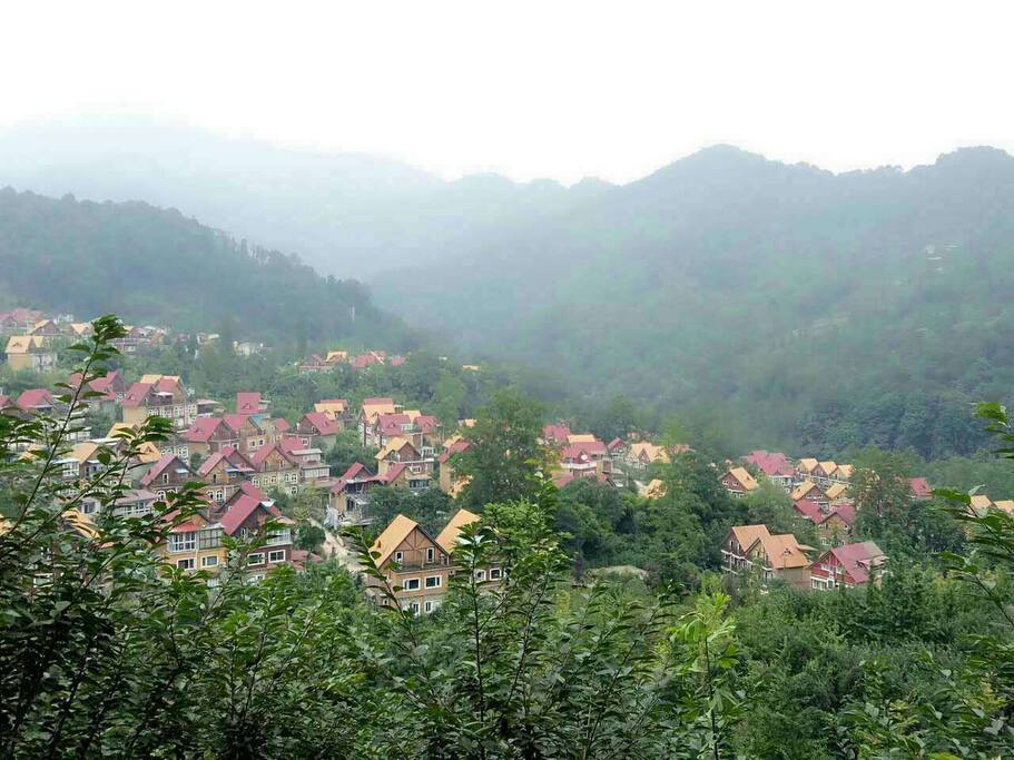 小区全景,绿树红墙,青山绿水。