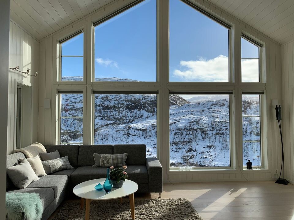 A bright living area features large triangular windows that offer a view of snow-covered mountains. A comfortable gray sofa is arranged around a round coffee table, which holds a small potted plant. Natural light fills the space, highlighting the light-colored wooden floors.
