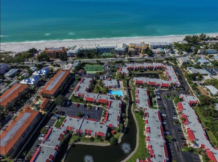 View of the Runaway Bay condos, the pool, and the beach