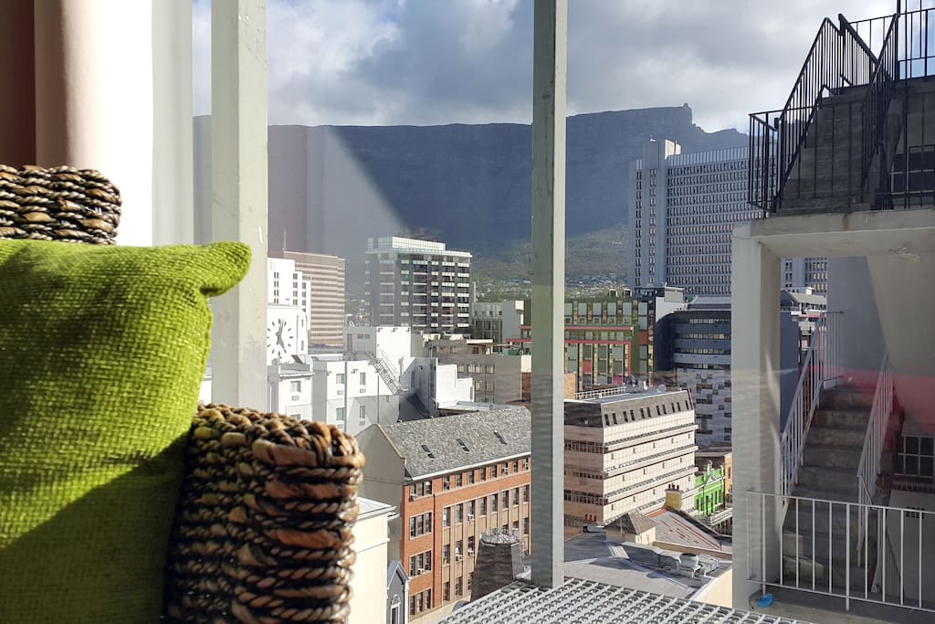 Spectacular view of Table Mountain and Bokaap to the right