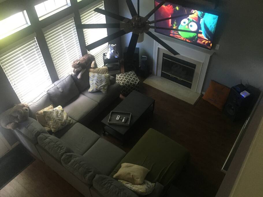 Big sectional for entertaining and what's that?? Oh yeah, 65 inch TV (see details for TV show / Movie options, no cable)