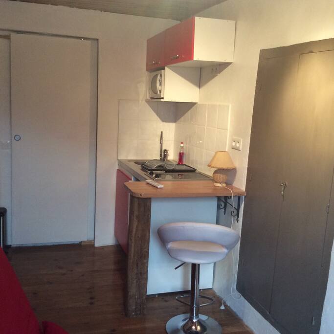 Kitchenette, microonde, frigo et plaque de cuisson.