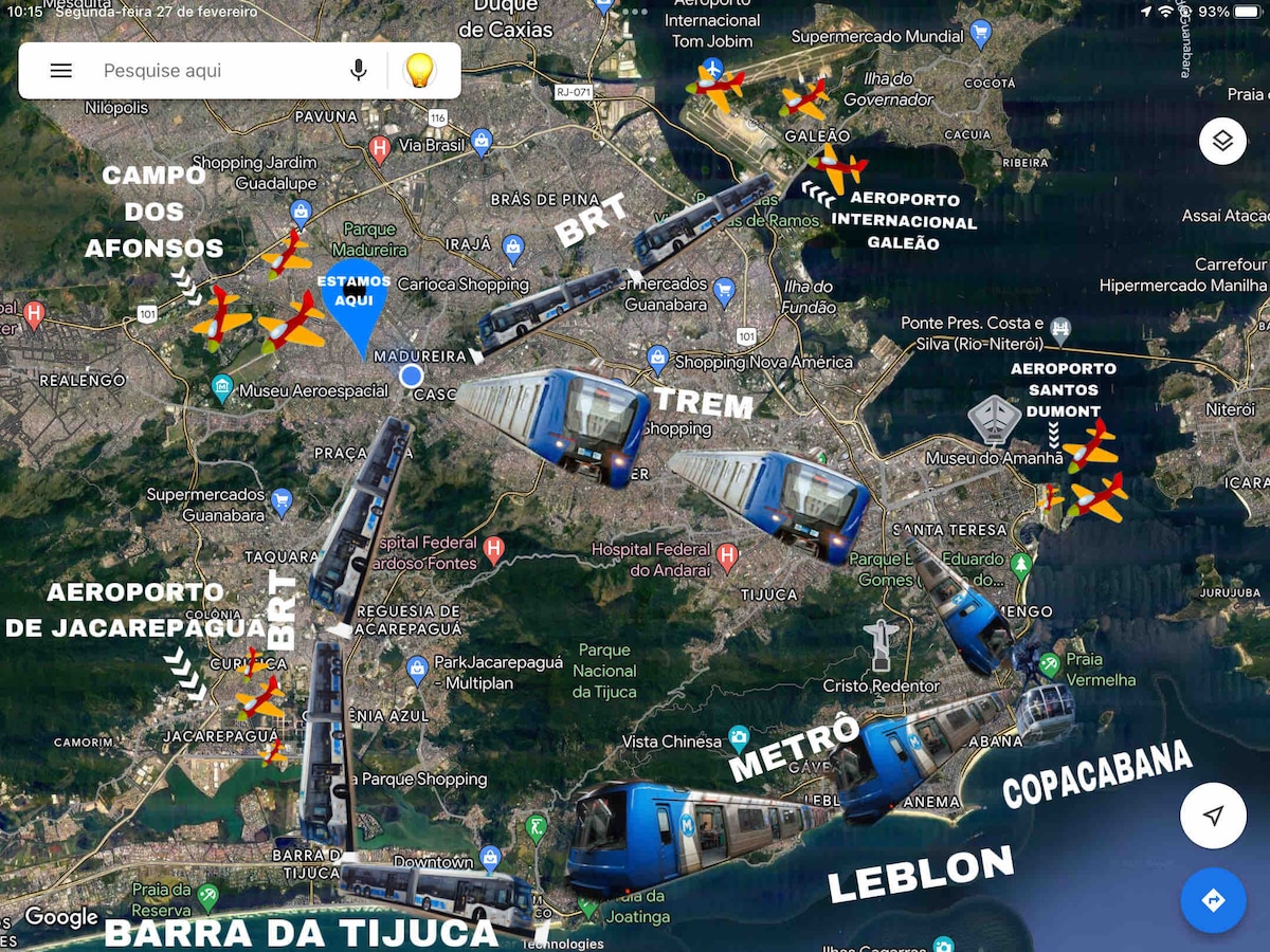 A detailed map highlights key transportation routes, including the BRT and metro lines, connecting various neighborhoods such as Copacabana and Leblon. Major landmarks, including airports and the Campo dos Afonsos, are marked for easy identification, showcasing the comprehensive transit network.