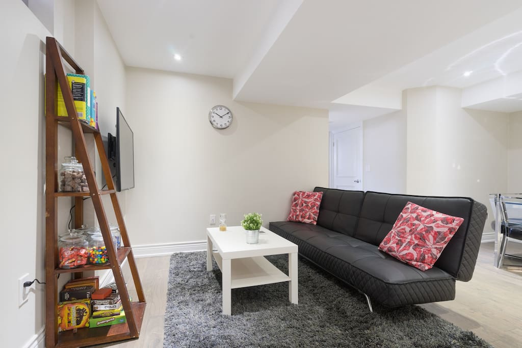 Living room with sofa bed, 50 inch smart tv, books and board games for family and friends