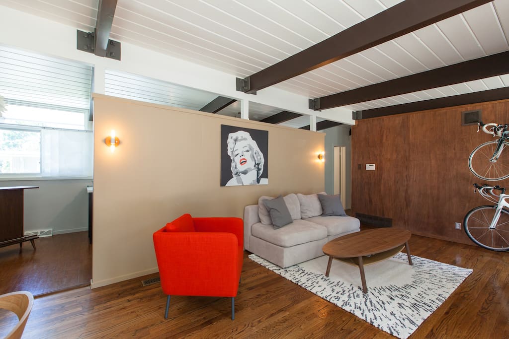 Socialize in the living room which allows access to one of two private patios