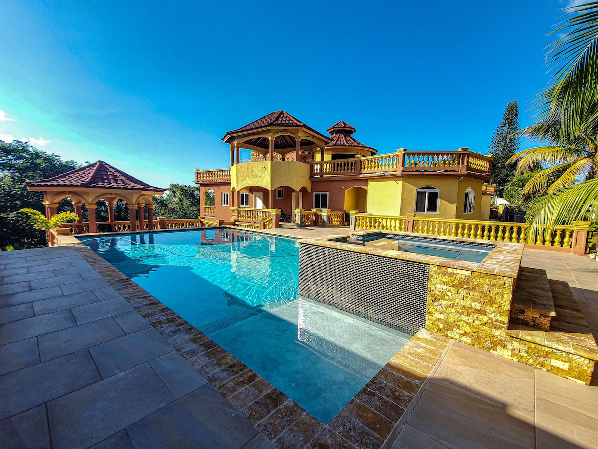 The villa features a spacious outdoor area with a large swimming pool surrounded by elegant stonework. A relaxing hot tub is positioned adjacent to the pool, while palm trees and lush greenery provide a tranquil backdrop against a clear blue sky.
