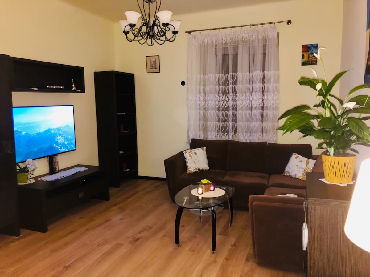 A cozy living area features a dark brown sectional sofa, complemented by decorative pillows. A round glass coffee table sits in front, adorned with a candle. A wall-mounted television is positioned on a dark media console. Natural light filters through a lace curtain on the window.