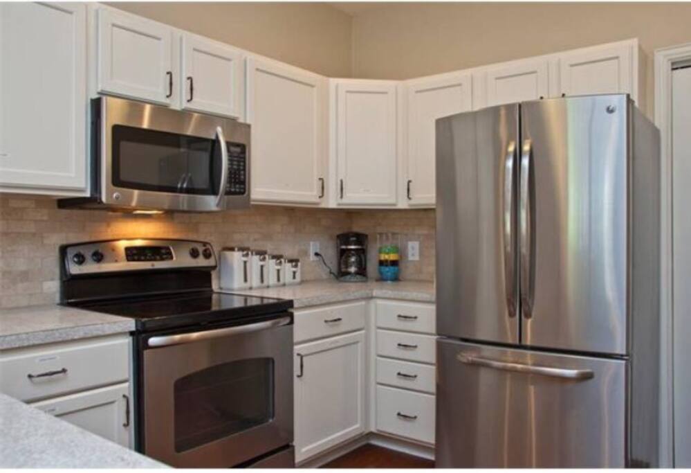 Kitchen has all the tools you need for cooking and most importantly, coffee.