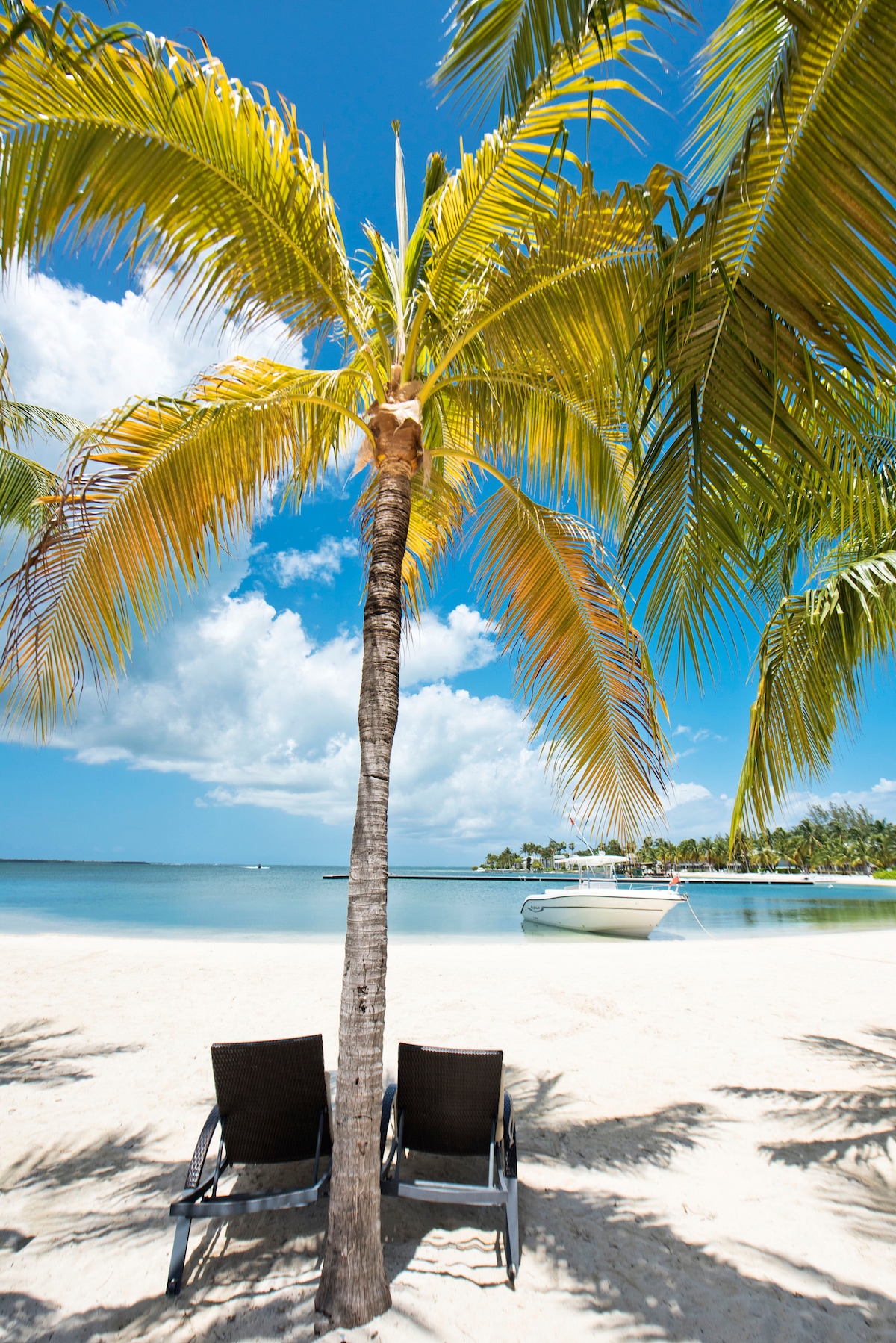 Two lounge chairs are positioned under a palm tree along a sandy beach, with calm turquoise waters extending into the distance. Lush green leaves provide shade, while a boat is anchored nearby, completing the serene coastal scene under a partly cloudy sky.