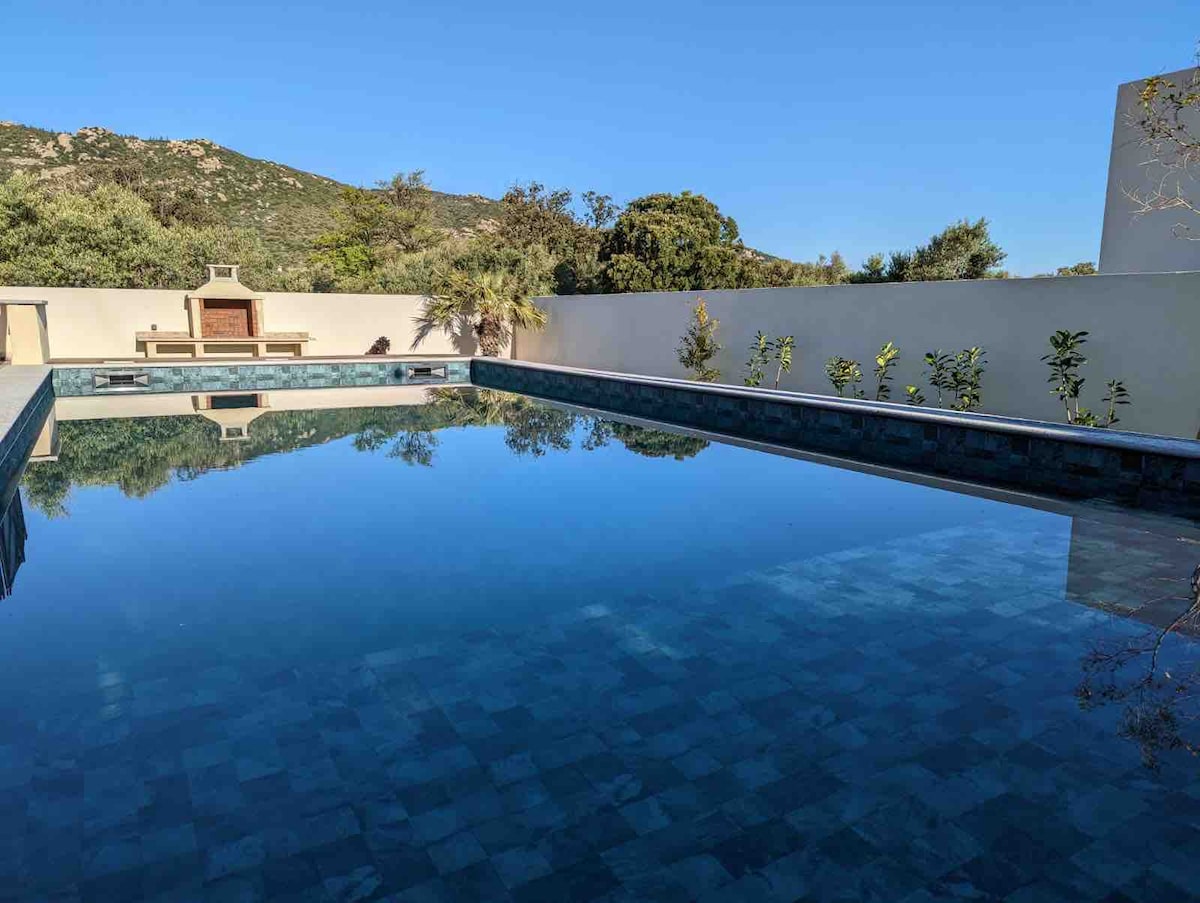 A serene swimming pool is visible, featuring calm, reflective water that mirrors the clear blue sky. The surrounding area is landscaped with greenery and low shrubs, while a spacious terrace is seen at one end of the pool.