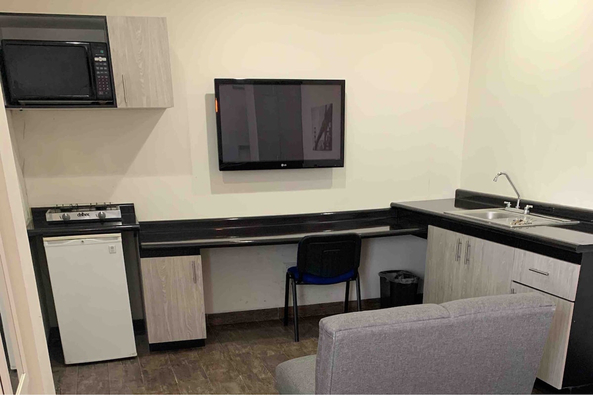 A compact kitchenette area showcases a microwave, television, and a small refrigerator. A sleek countertop is complemented by a two-burner gas stove and a sink. A chair is positioned at a desk, with a couch nearby, offering a comfortable space for relaxation.