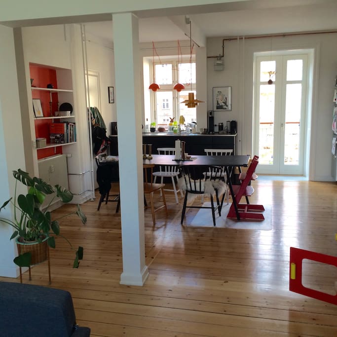 view from the couch to the kitchen