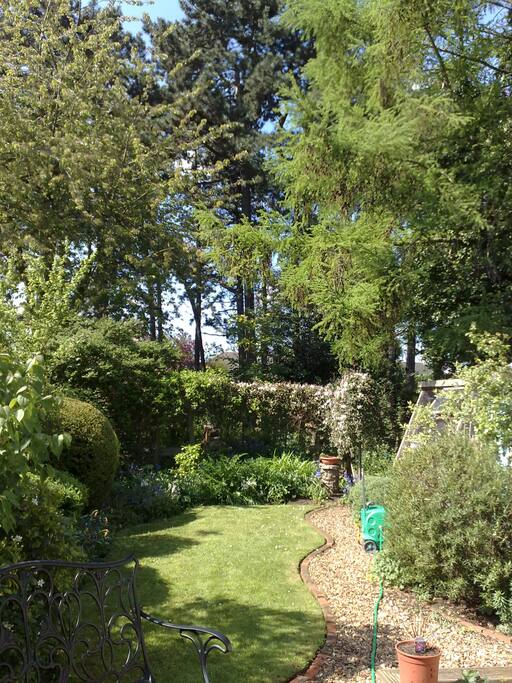 Private Garden, masses of mature trees. Covered decking extends front the house, just the place to sit out in the evening, relaxing in moon chairs or loungers.