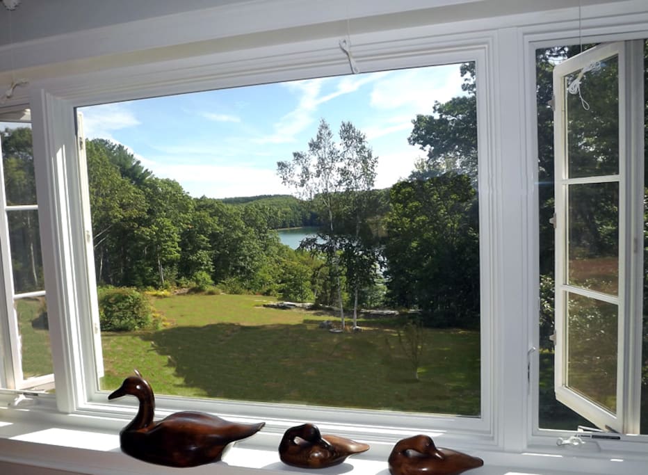 This picture window looks out to the Damariscotta River and is adorned by Ducks for which the house which affectionately named