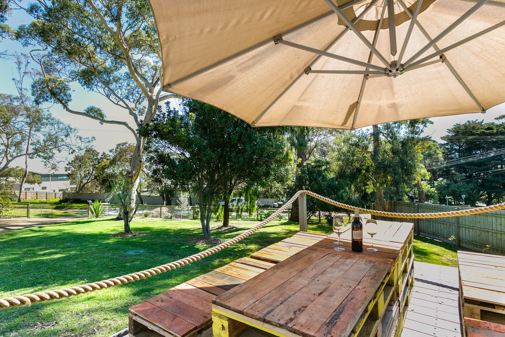Front deck overlooking large lawn