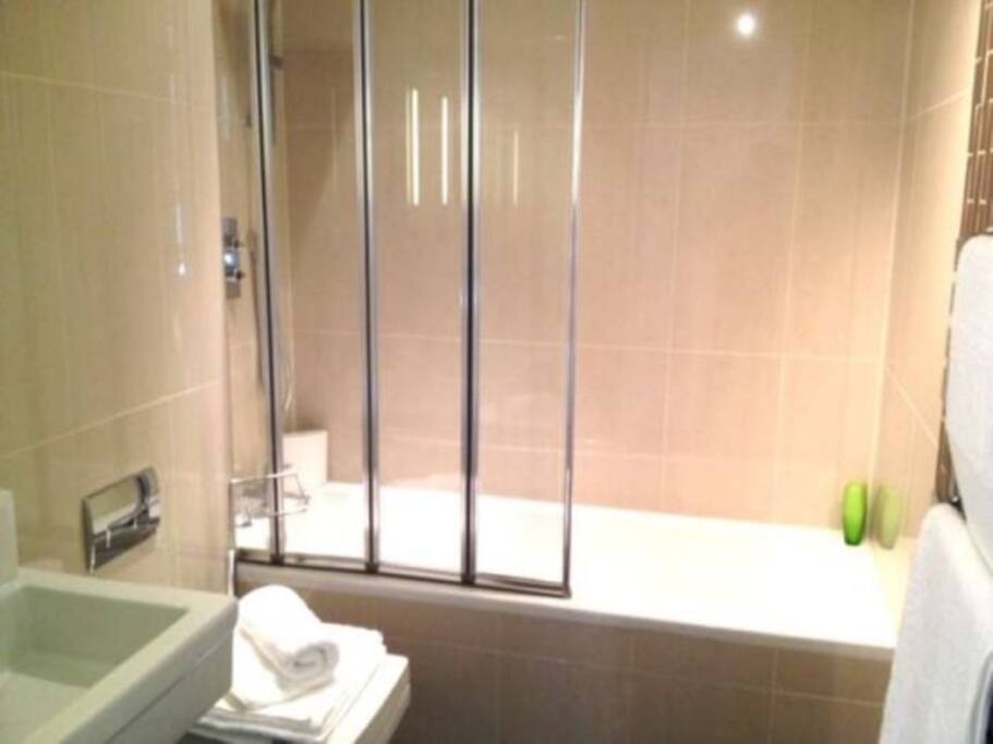 Bathroom, bath shower, sink and shaver plug socket.