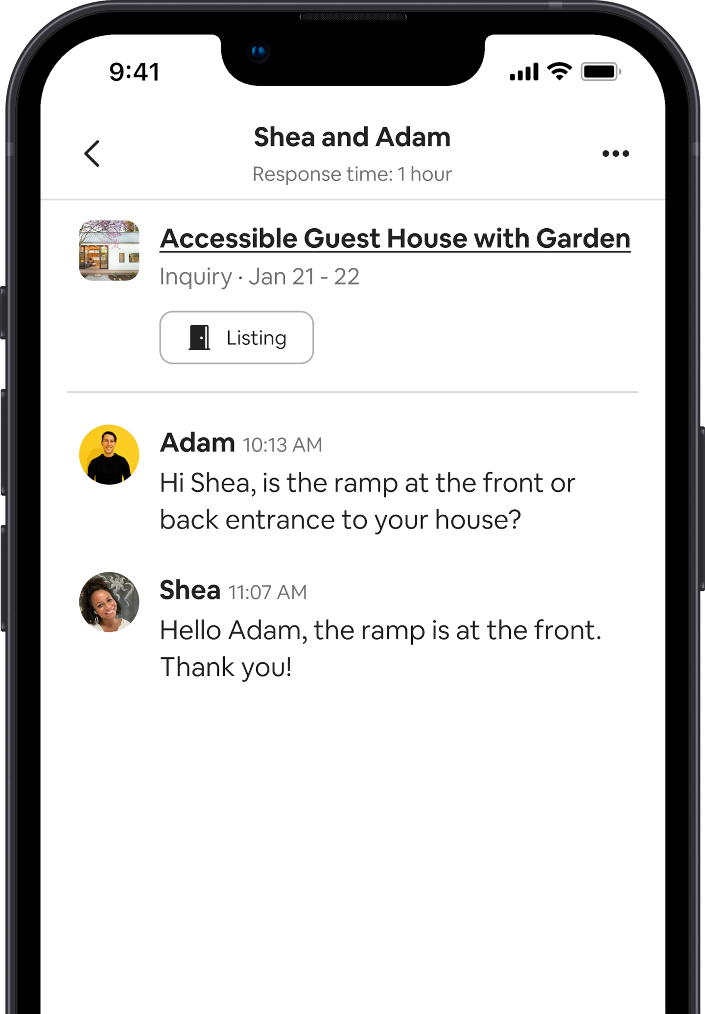 A mobile phone displays messages between the Host who describes their listing as accessible and a guest who wants to know more about the space. The guest’s message reads: “Hi Shea, is the ramp at the front or back entrance to your house?” The Host’s response reads: “Hello Adam, the ramp is at the front. Thank you!”