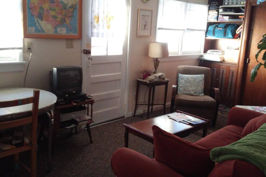 The Living Room. Fair warning: No cable or internet here! But there is a DVD and VCR available for watching movies.