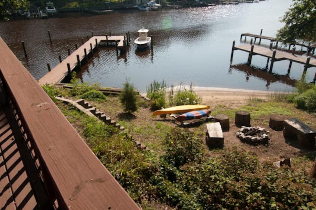 View from deck - kayaks, fire pit, dock, Magothy River