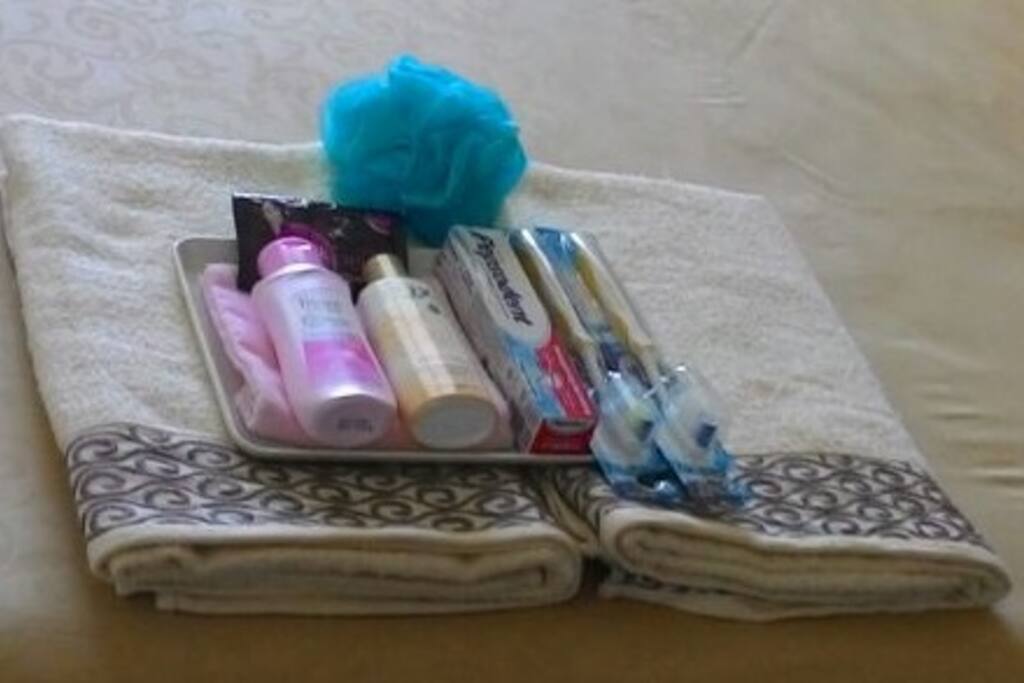 We provide towel, shampoo, soap, body lotion, toothbrush and toothpaste for your convenience