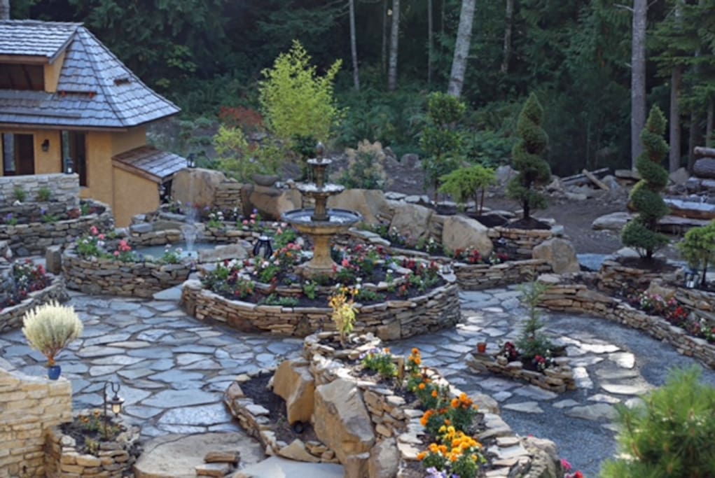 Fountains, flowers and ponds