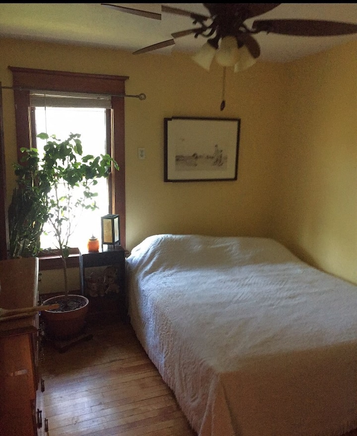 Habitación luminosa con cama tamaño queen