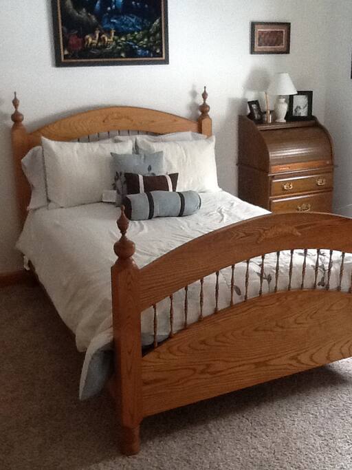 Your cozy full size bed, in our home, with the potential for a private bathroom, based upon other bookings.