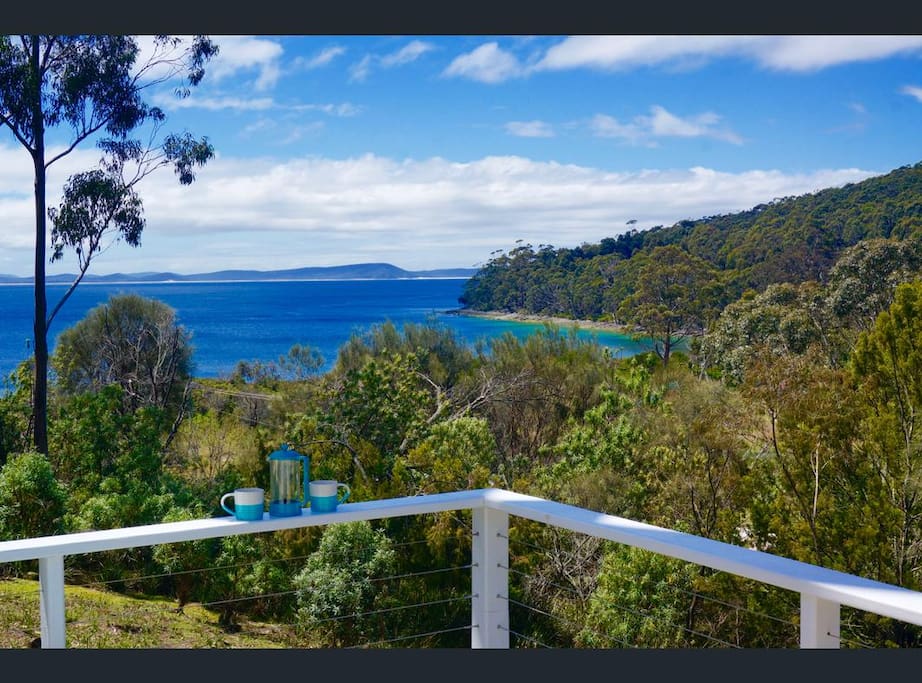 Views from the deck over Adventure Bay and South Bruny National Park.