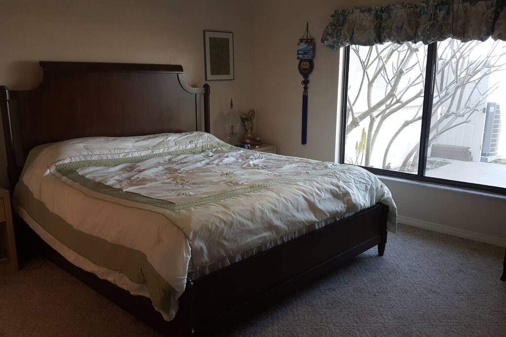 New Queen size bed. Available comforter or light blankets.