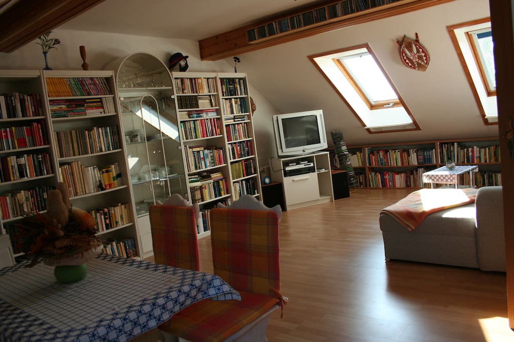 Wohnzimmer - Bücherregal und Doppelbettcouch