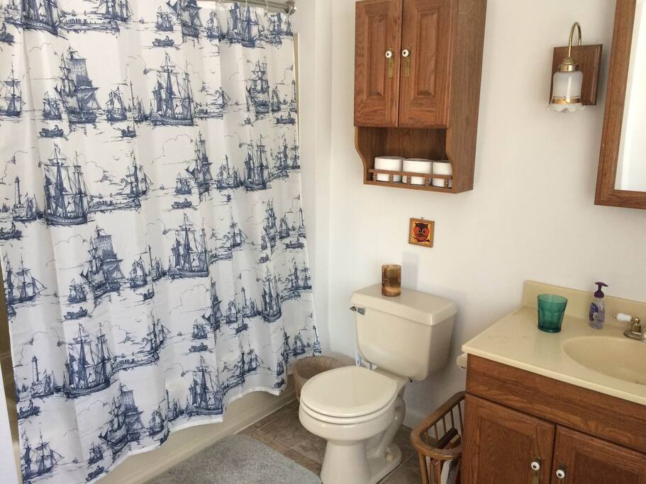 Sick bathroom with some ships. SHIPS? You can pretend you're sailing while taking a bath!
