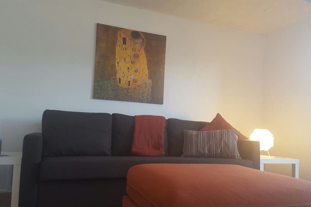 Couch opens up in to a surprisingly comfortable full bed.