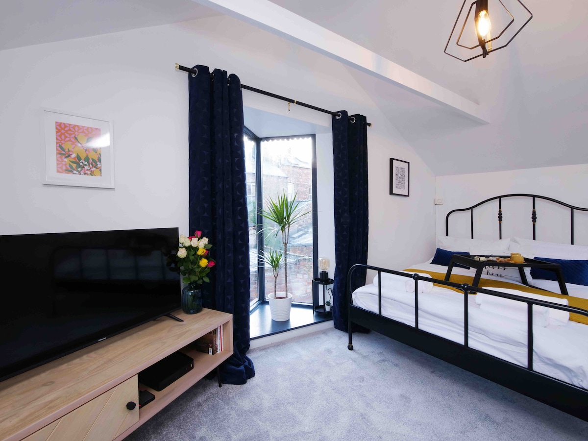 An open plan living and bedroom space features a large window and a full-length door leading to the outside. A cozy bed is dressed with luxury linens, while a TV is positioned on a wooden media console. A potted plant adds a touch of greenery.