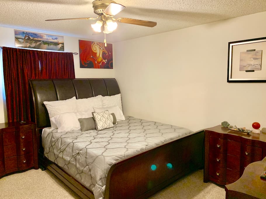 Cloud Bed! Master Bedroom with a super comfortable King Size Bed! A high-end full 6 drawer dresser, mirror, and closet are available for you to use.