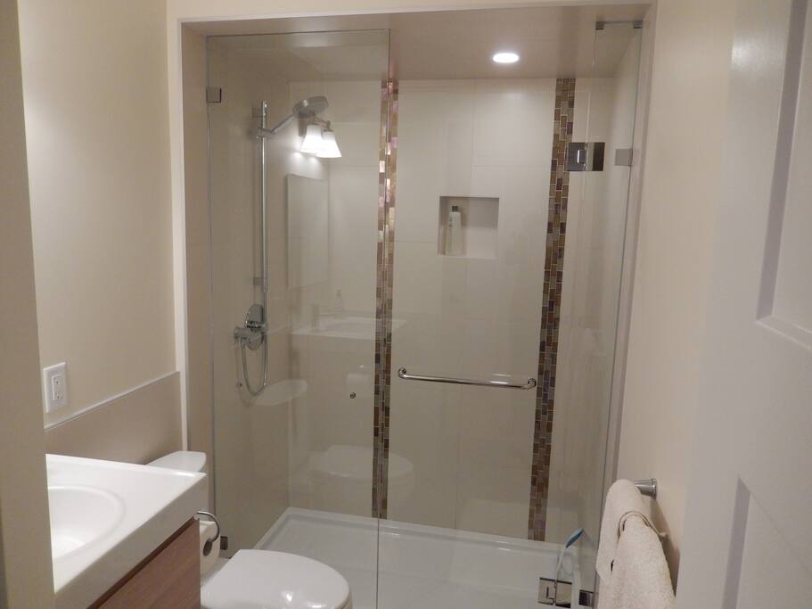 Large walk-in shower and heated tile floor