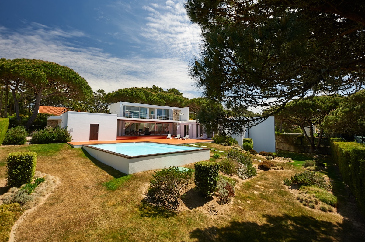 The exterior of the modern villa is showcased, featuring a well-maintained garden and a swimming pool. The structure displays large windows on the upper level, surrounded by lush greenery and tall trees, creating a serene environment.