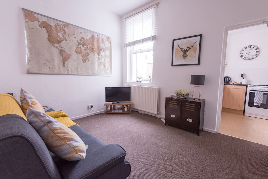 Living room with sofa bed and TV.