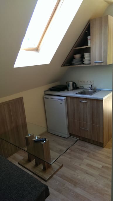 Kitchen including dishes, forks, knives, spoons, effective cooking surface, fridge.