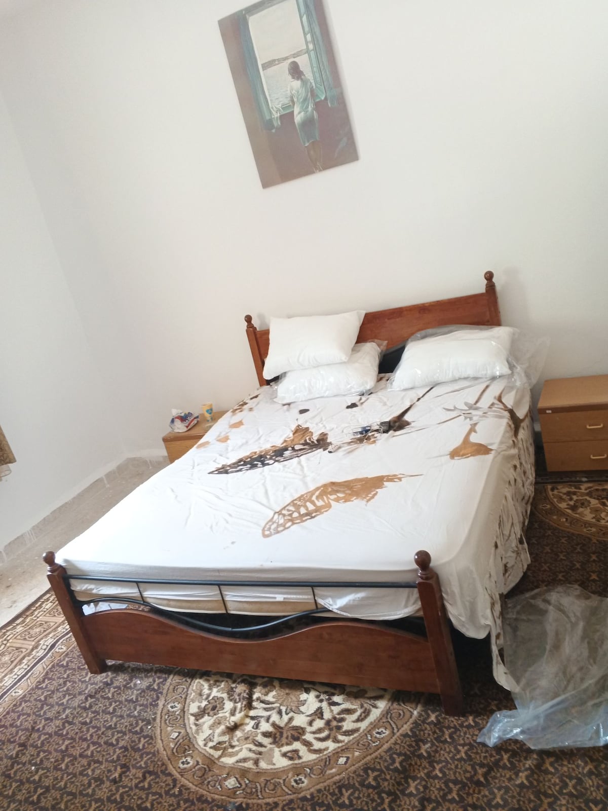 A spacious sleeping area features a wooden bed adorned with a light-colored bedspread, accented by decorative images. Multiple pillows are arranged on top, and a bedside table can be seen nearby. A decorative rug covers the floor, enhancing the cozy atmosphere.