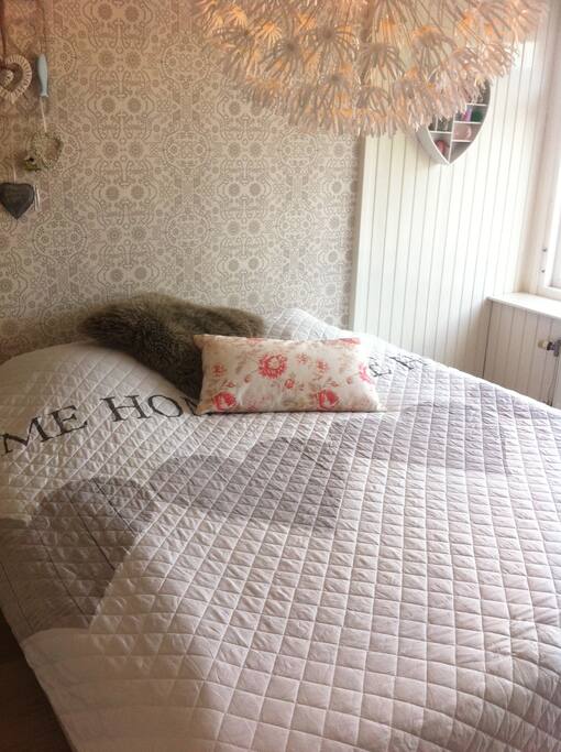 Twee-persoonskamer aan de voorzijde van het huis, ruim 14 m2 en licht. Naast badkamer. Boxspring matras 180x 210. Uitzicht op straatkant.