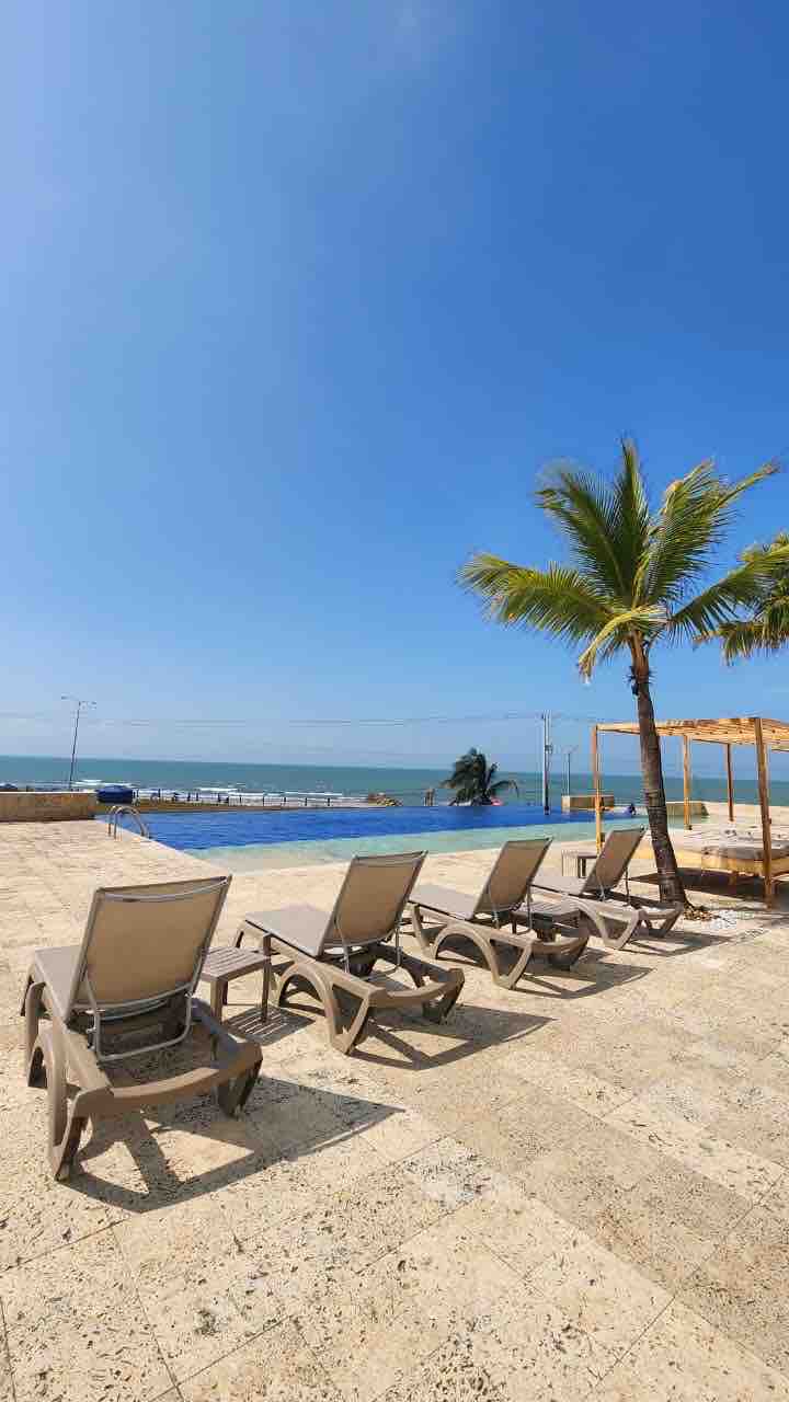 Sun loungers are lined along the infinity pool's edge, offering views of the sea. A palm tree provides shade nearby, while the expansive sky showcases clear blue hues. The serene atmosphere invites relaxation in this coastal setting.