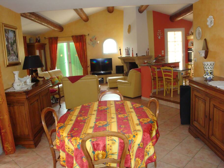 salon/séjour/cuisine américaine donnant sur terrasse et jardin