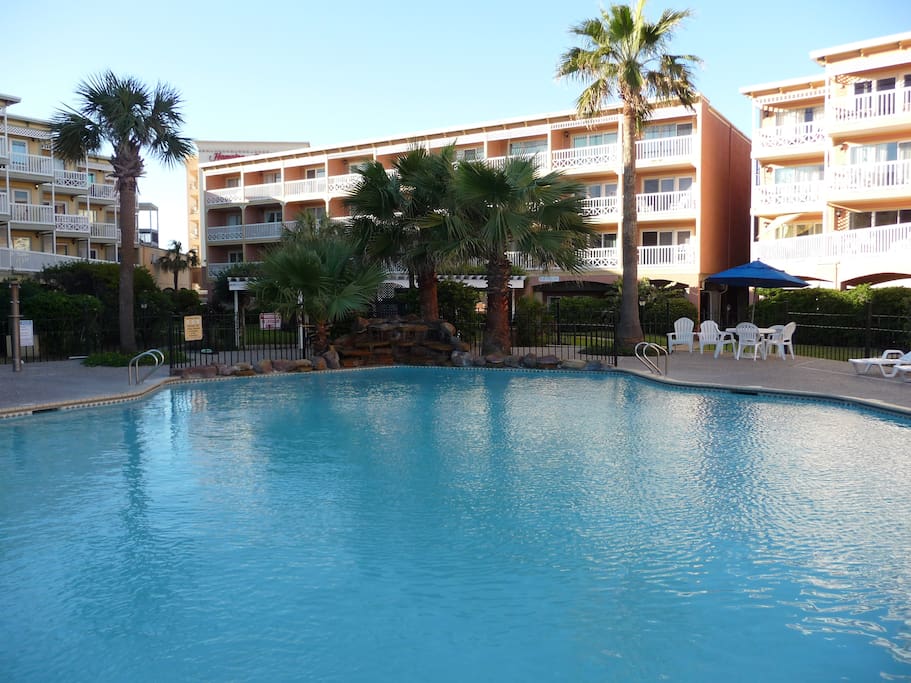 Heated pool with water fall and out door shower
