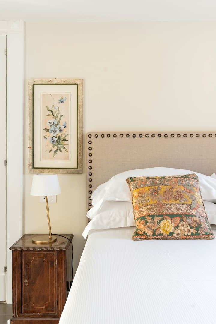 Bedroom detail.  Air conditioning, radiator, TV with # Netflix # King size bed.