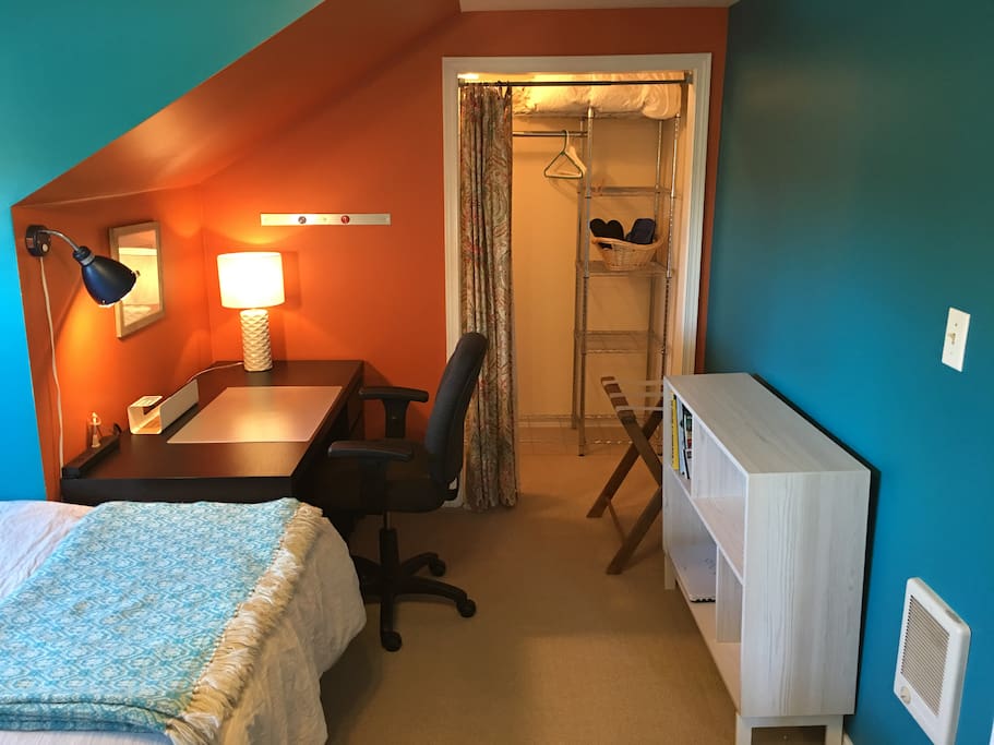 Bookshelf, desk, closet storage.