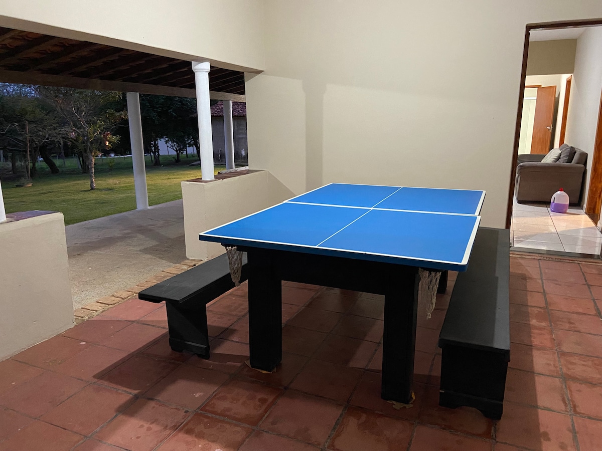 A table tennis setup is featured, showcasing a blue tabletop atop a dark frame. Benches are positioned on either side. The scene includes an open area that leads to a spacious green yard, with a glimpse of a living area visible in the background.